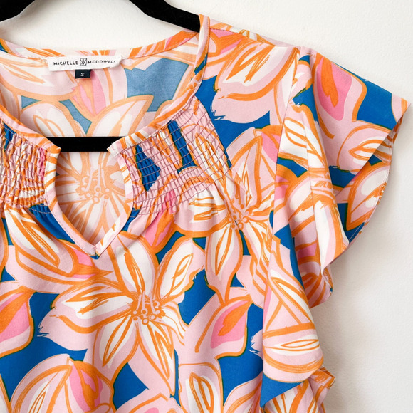 Michelle McDowell Tropical Floral Print Flutter Sleeve Notch Neck Top Resortwear - Picture 3 of 10